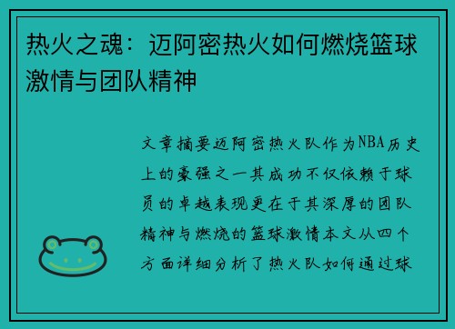热火之魂：迈阿密热火如何燃烧篮球激情与团队精神
