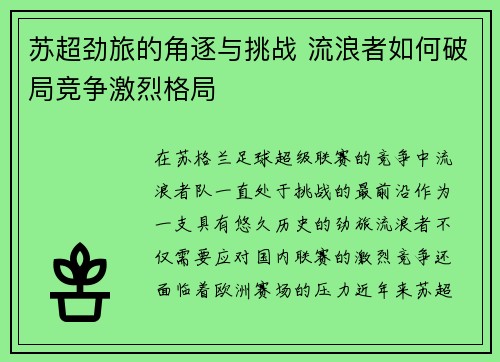 苏超劲旅的角逐与挑战 流浪者如何破局竞争激烈格局